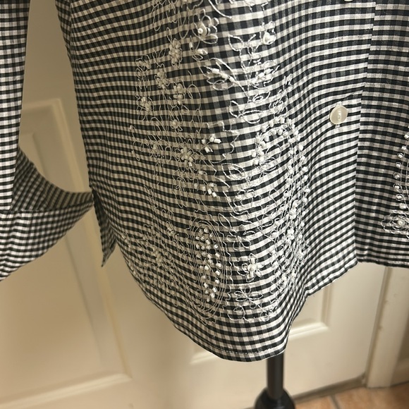 SILKLAND Black/White Checkered Button-Up XL Blouse Bead design, 100% Silk, EUC - Picture 5 of 12